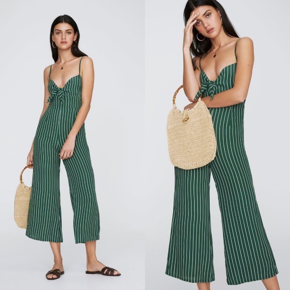 Faithful The Brand Green Pinstripe Tie Jumpsuit - Picture 2 of 10